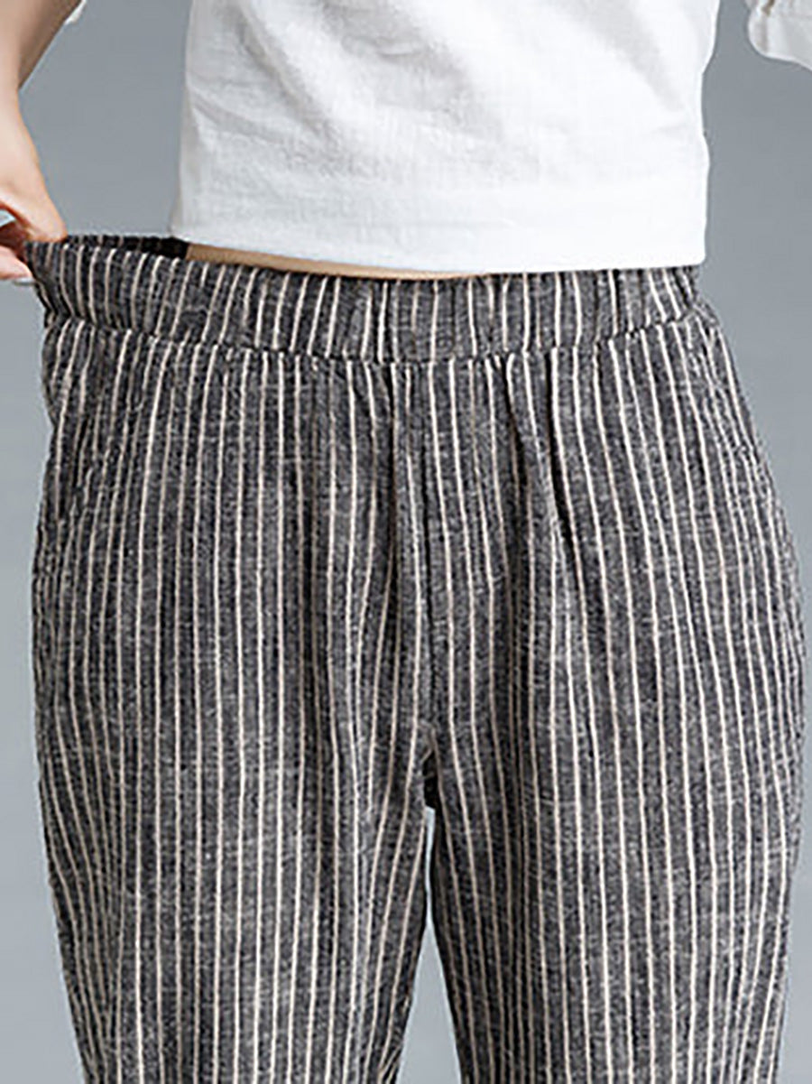 Pantalon en coton et lin à rayures grande taille pour femme Buykud