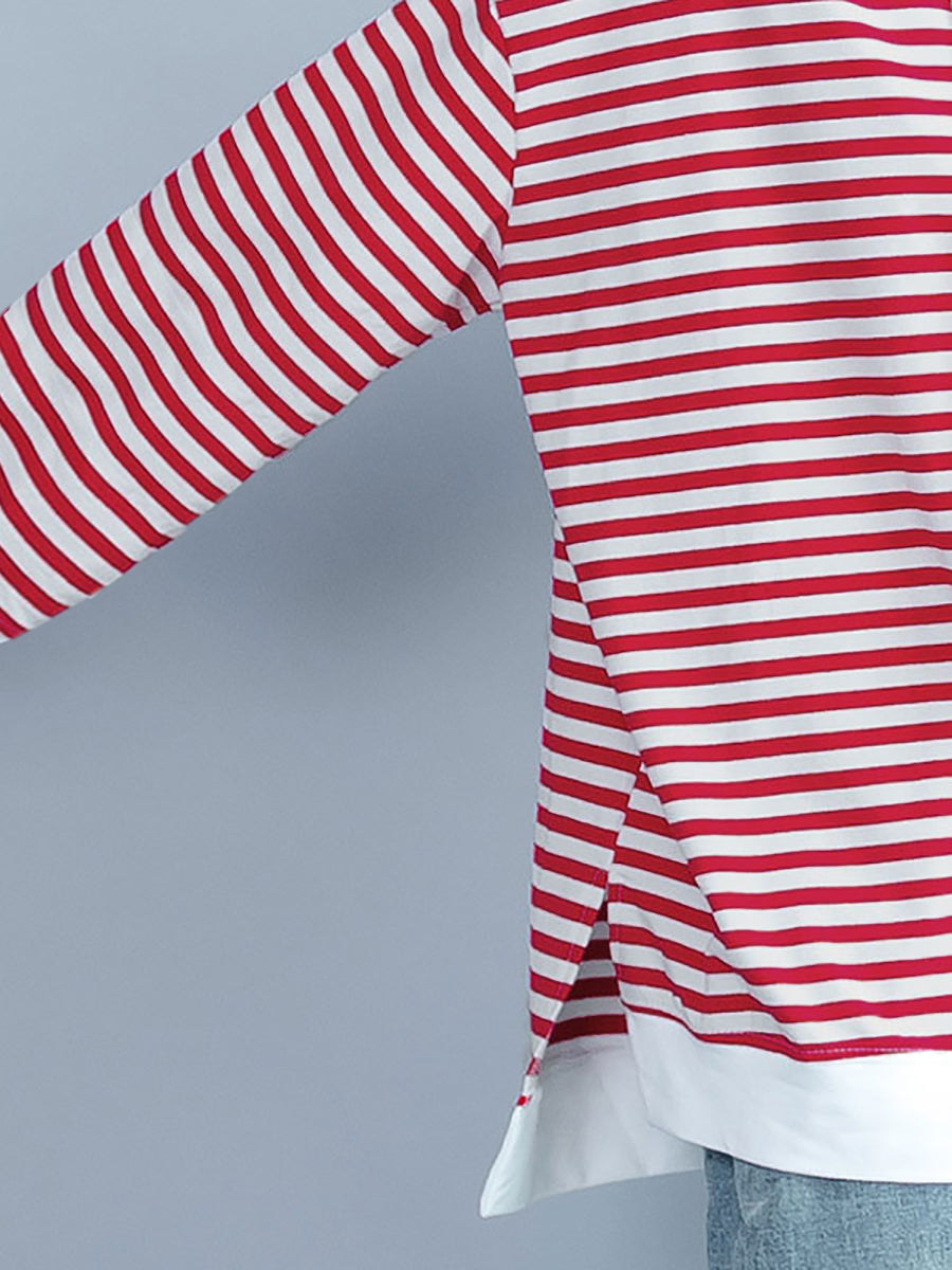 Plus Size Damen Frühling Casual Streifen Kapuzen rotes Hemd