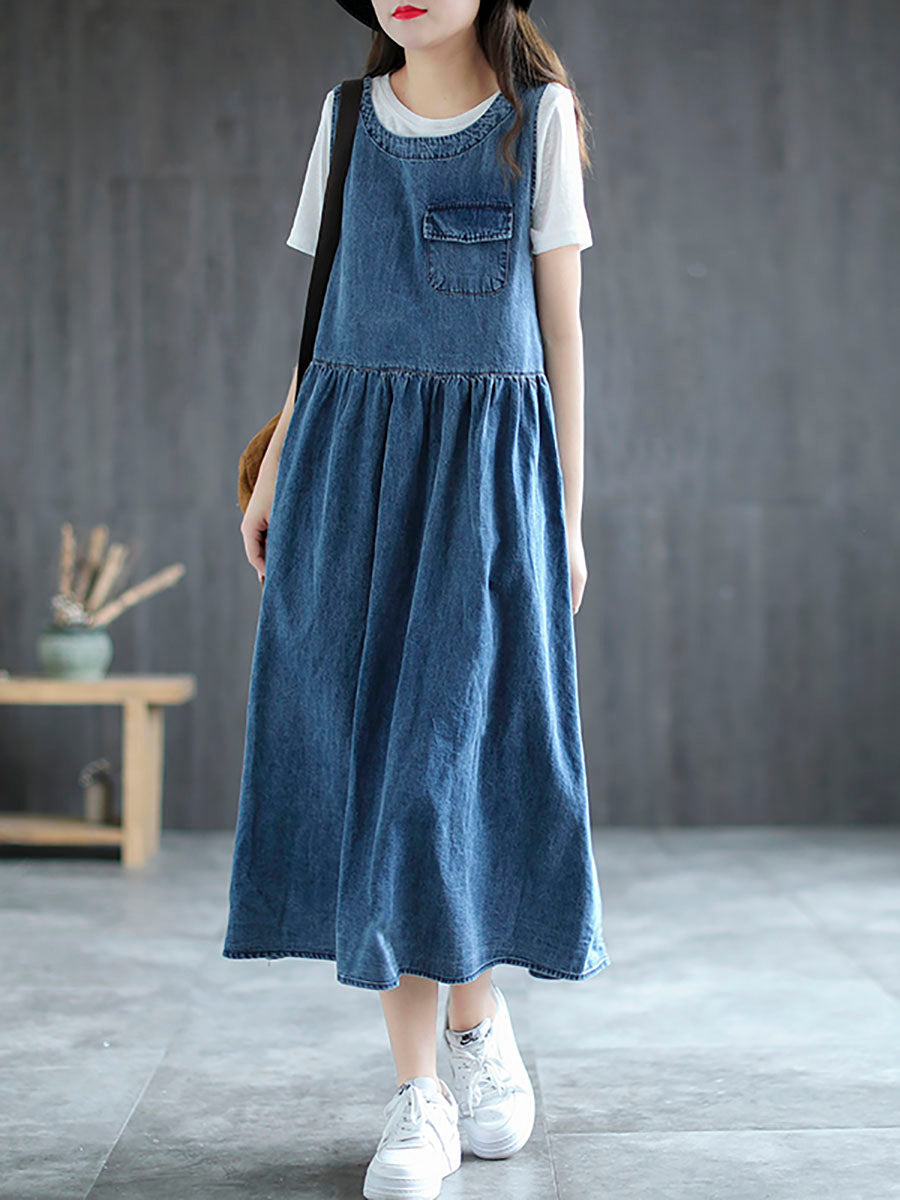 Große Größen - Langes ärmelloses Trägerkleid aus Denim mit Plissee