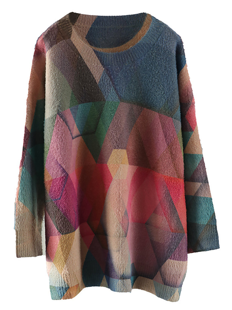 Plus Größe Herbst Geometrie Vintage Frauen Lose Pullover