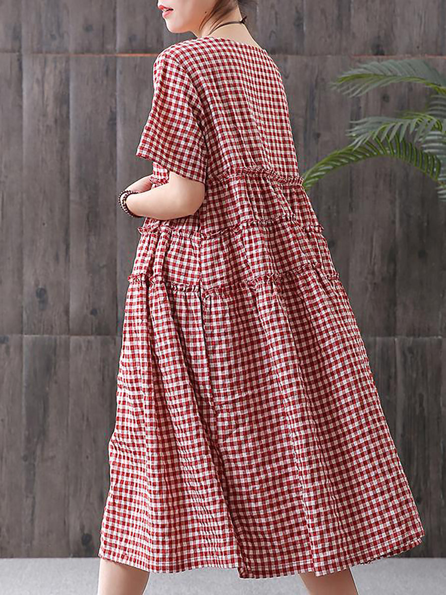 Übergröße, 100 % Baumwolle, kurzärmliges kariertes Kleid