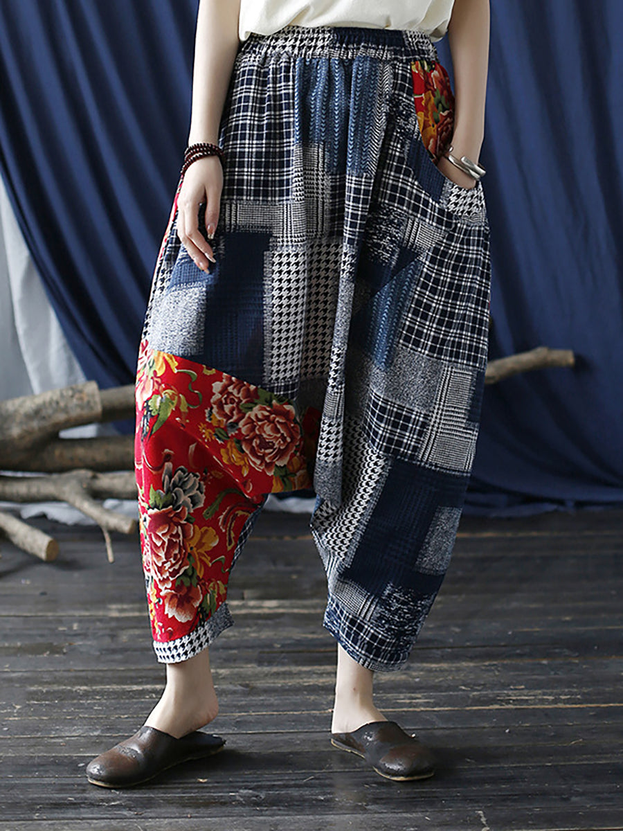 Übergröße Patchwork Plaid Damen Lässige Hose mit elastischer Taille