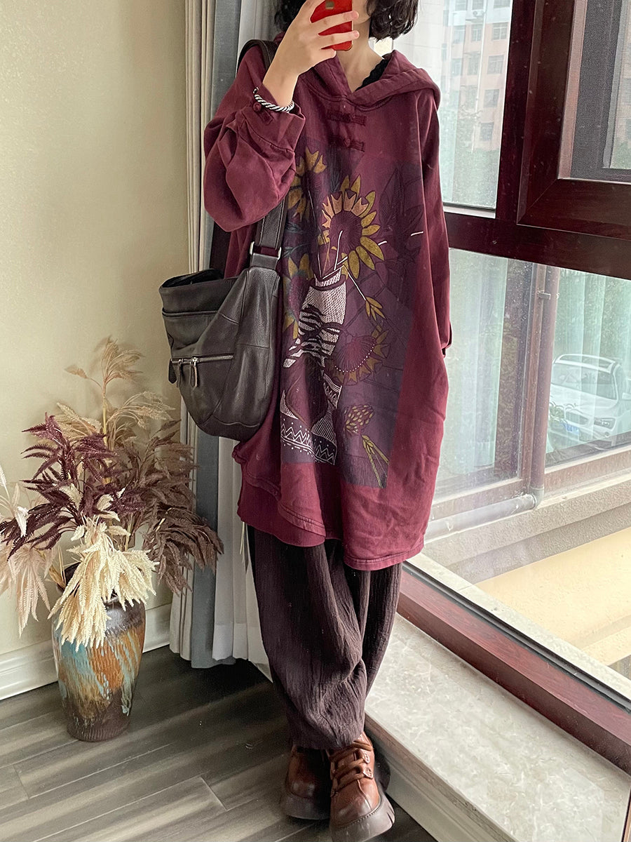 Übergröße Damen Vintage Blumen Kapuzenpullover Lang