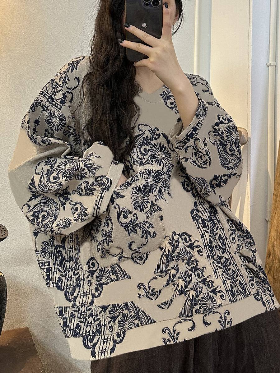 Langarmshirt mit V-Ausschnitt und Vintage-Print für Damen in Übergröße