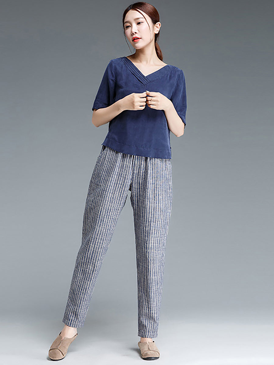 Pantalon en coton et lin à rayures grande taille pour femme Buykud