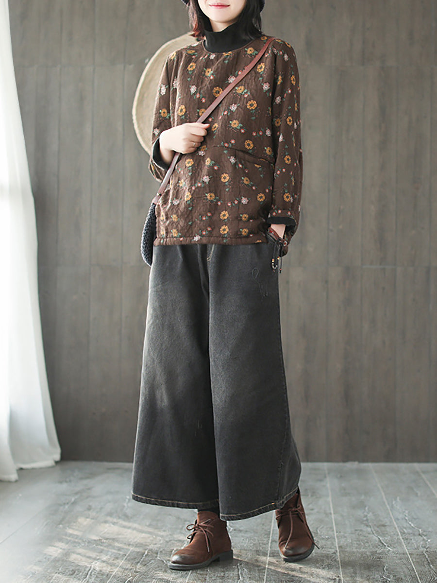 Plus Size Vintage Blumen Halbhoher Kragen Gespleißtes Baumwollhemd