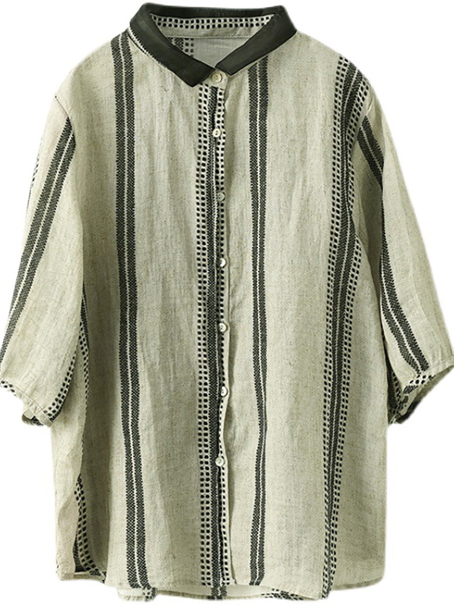 Plus Size Vintage Streifen Ramie Lässiges Sommerhemd für Damen