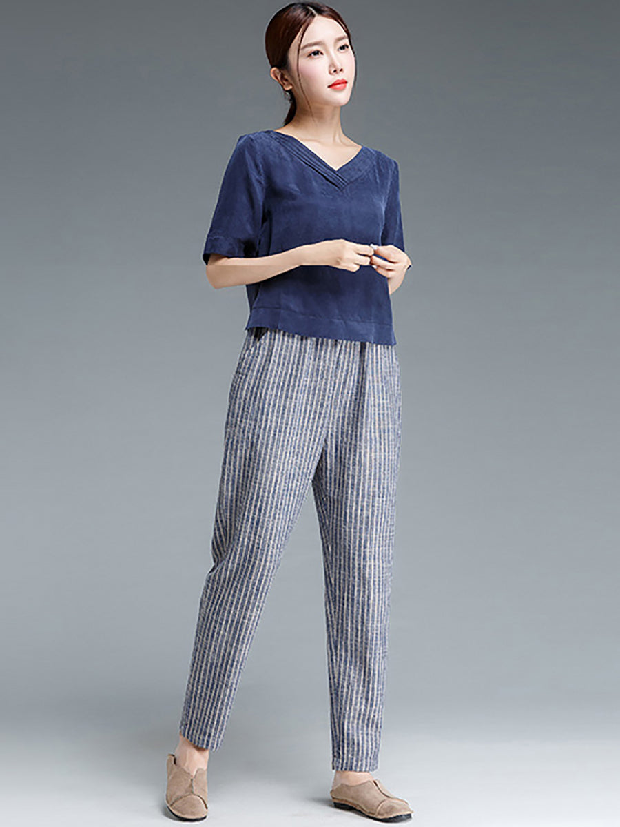 Pantalon en coton et lin à rayures grande taille pour femme Buykud