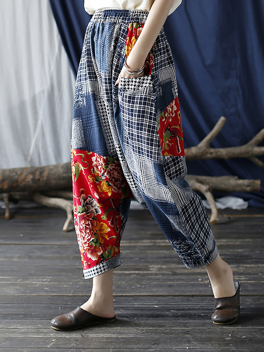 Übergröße Patchwork Plaid Damen Lässige Hose mit elastischer Taille
