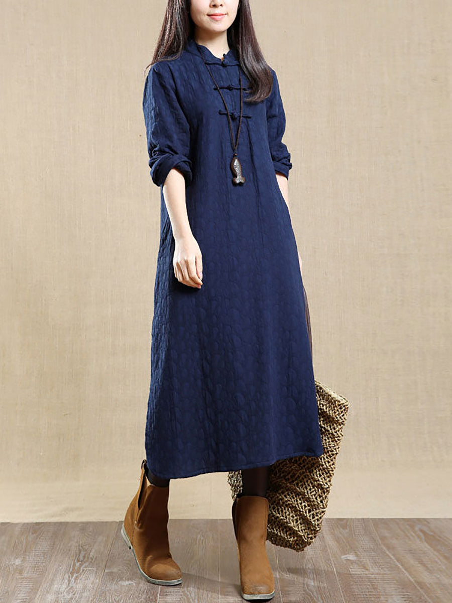 Damen Herbst Vintage Stehkragen 100% Baumwolle Kleid