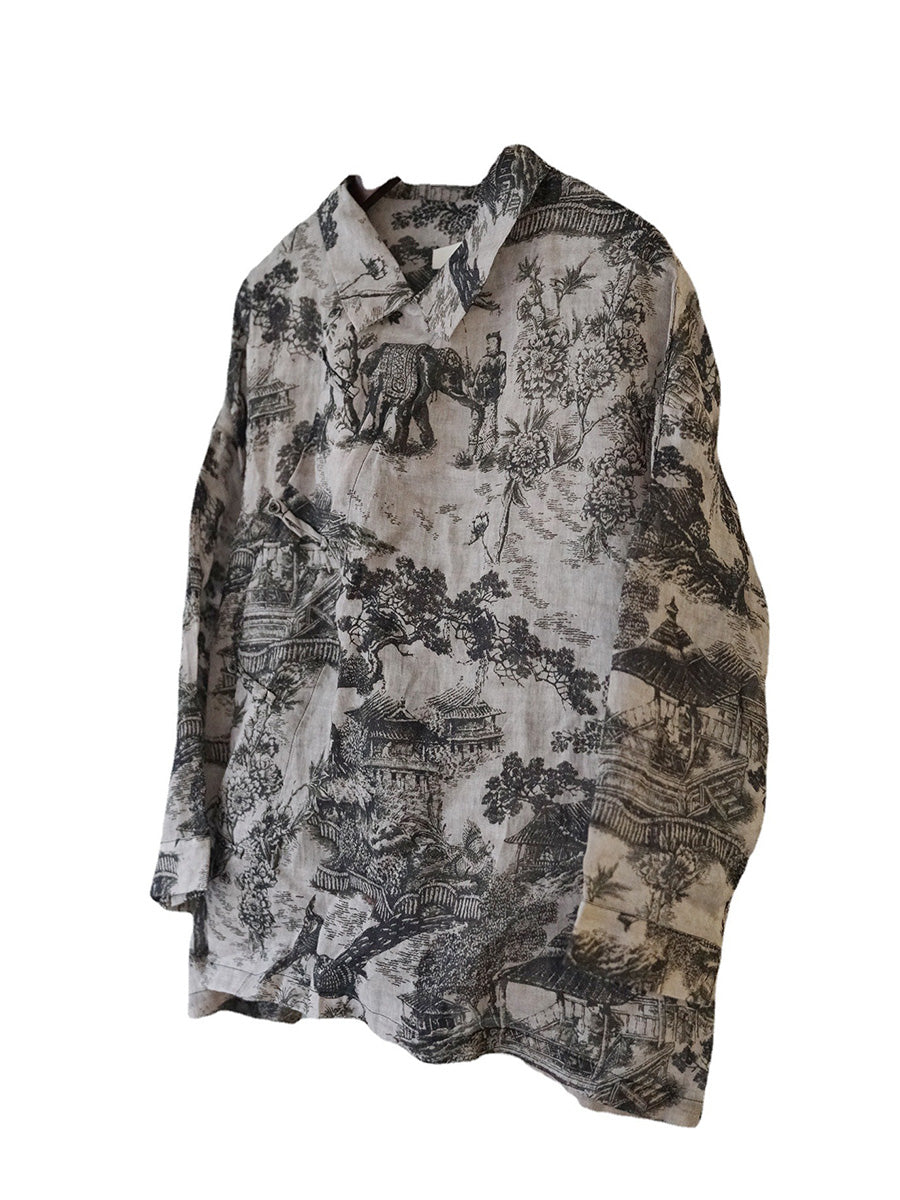 Plus Size Vintage Floral Ramie Herbst Damen Loses Hemd