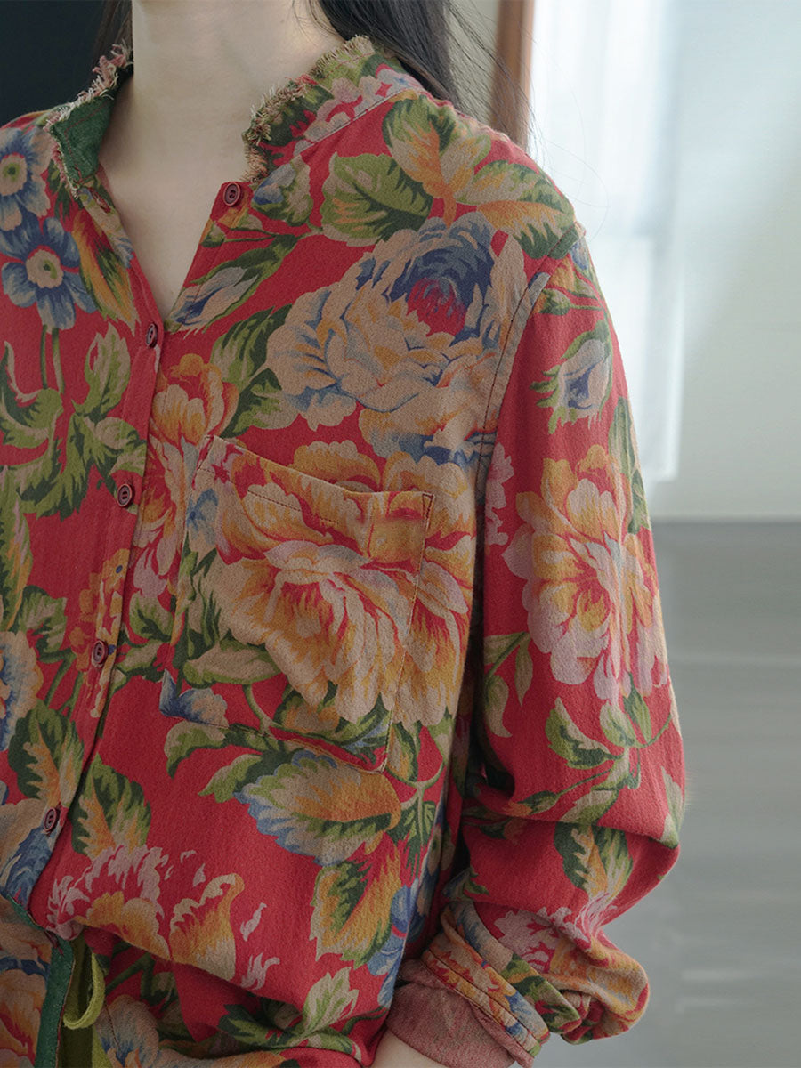 Plus Size Herbst Floral Damen Baumwollhemden