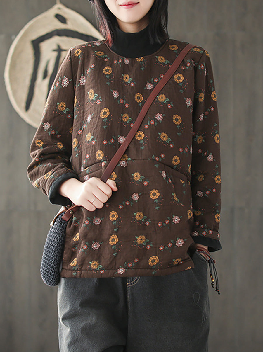 Plus Size Vintage Blumen Halbhoher Kragen Gespleißtes Baumwollhemd