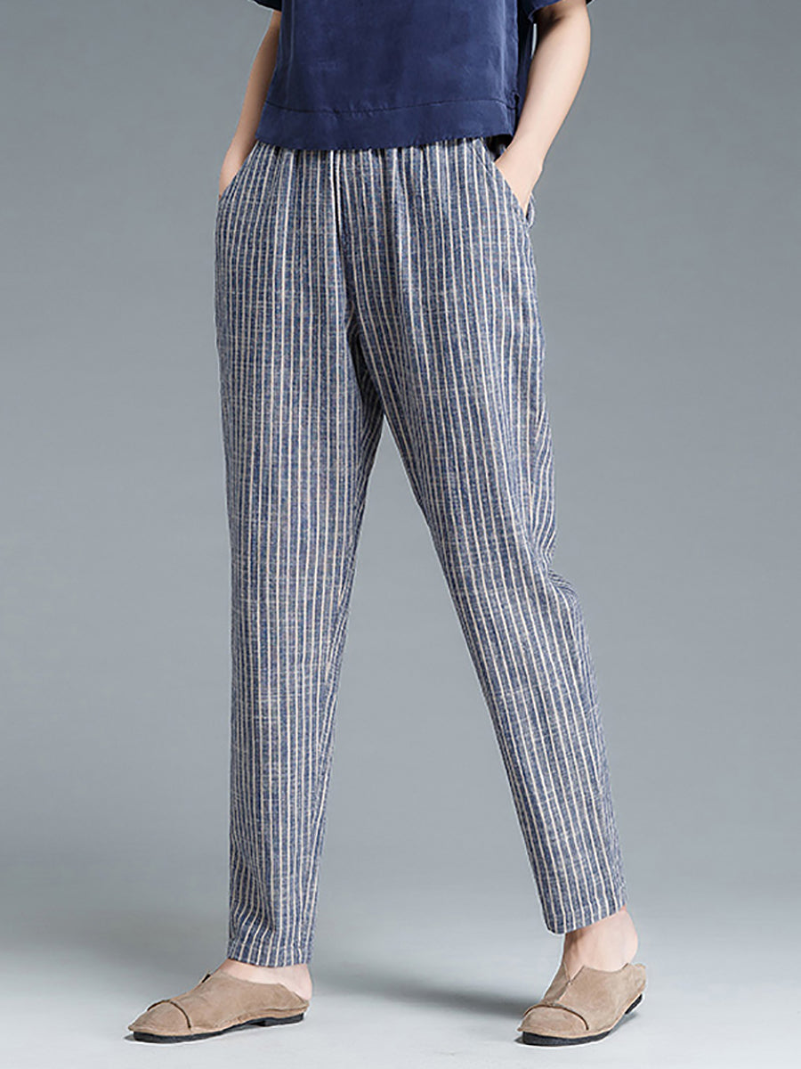 Pantalon en coton et lin à rayures grande taille pour femme Buykud