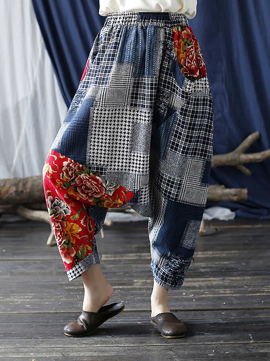 Übergröße Patchwork Plaid Damen Lässige Hose mit elastischer Taille