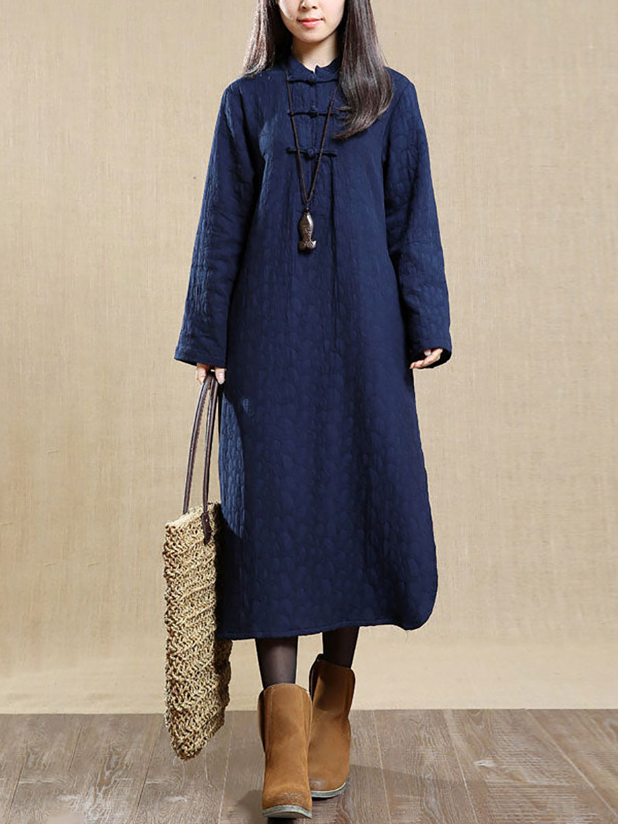 Damen Herbst Vintage Stehkragen 100% Baumwolle Kleid