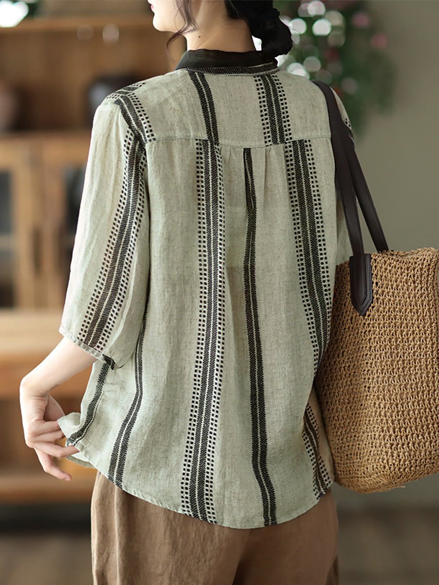 Plus Size Vintage Streifen Ramie Lässiges Sommerhemd für Damen