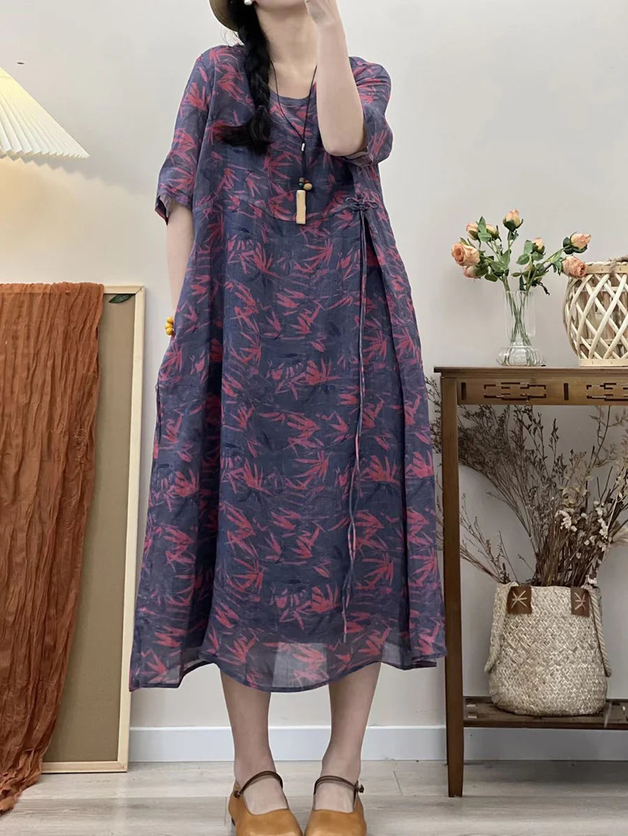 Übergröße Damen Rerto Sommer Print Lockeres Reise Ramie Kleid