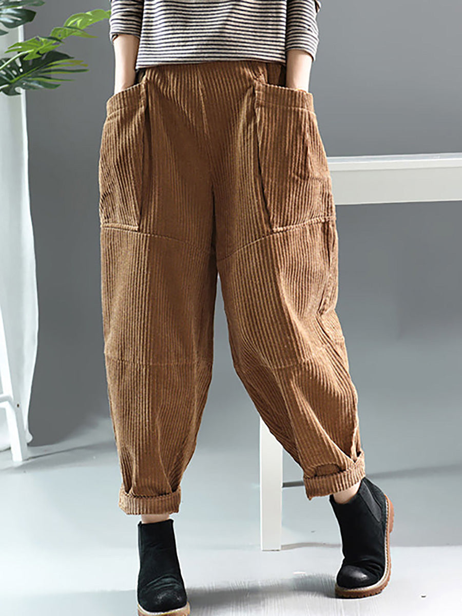 Plus Size Frühling Retro Cordhose in Volltonfarbe
