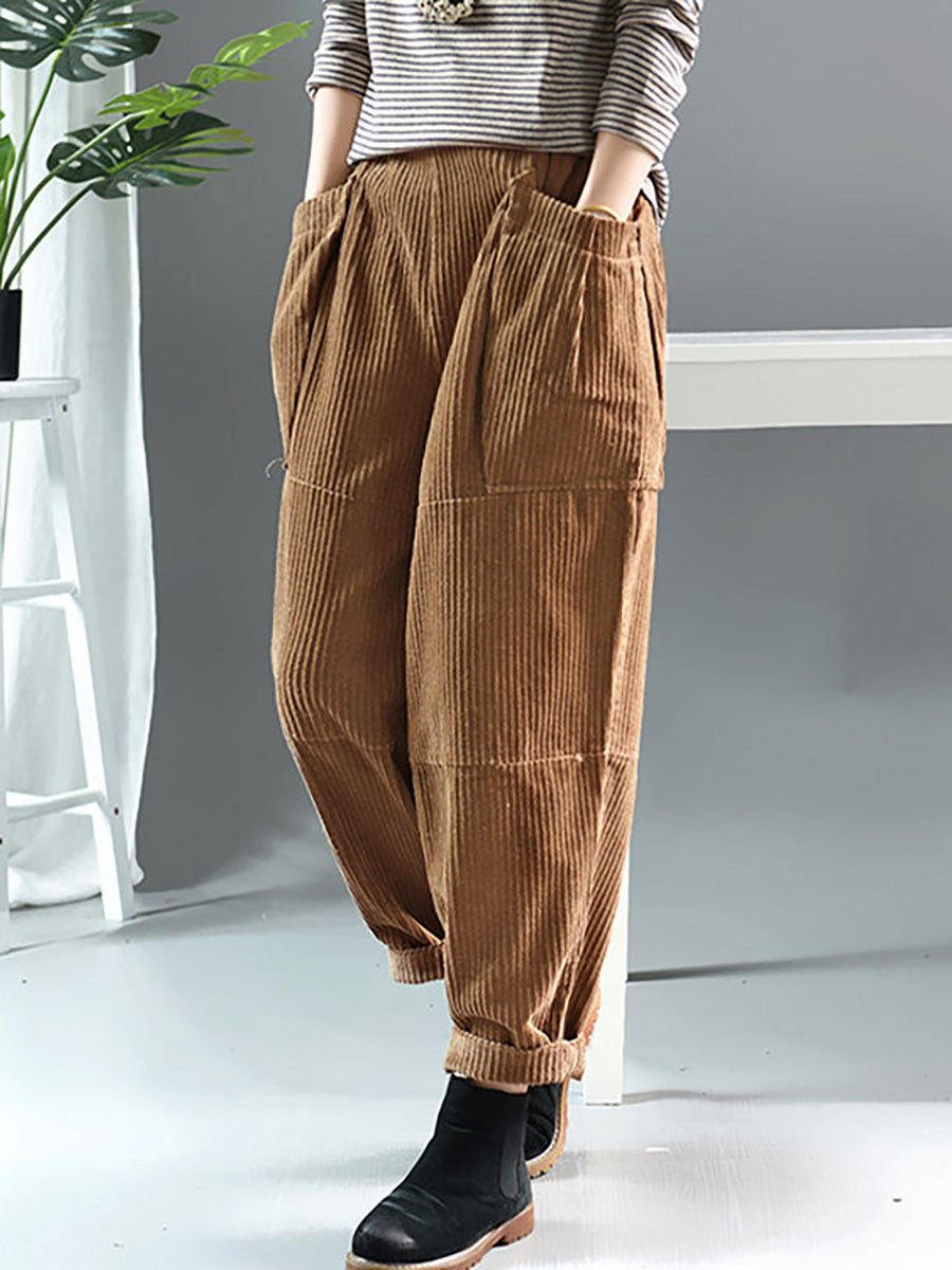 Plus Size Frühling Retro Cordhose in Volltonfarbe