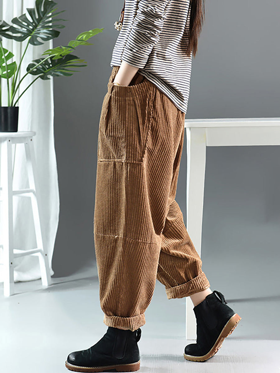 Plus Size Frühling Retro Cordhose in Volltonfarbe