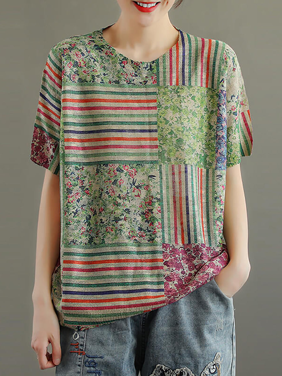 Übergröße - Baumwoll-T-Shirt mit Blumenmuster und Stricknähten für Damen