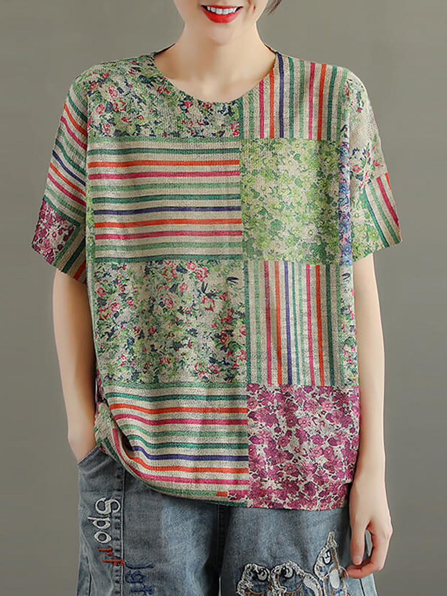 Übergröße - Baumwoll-T-Shirt mit Blumenmuster und Stricknähten für Damen
