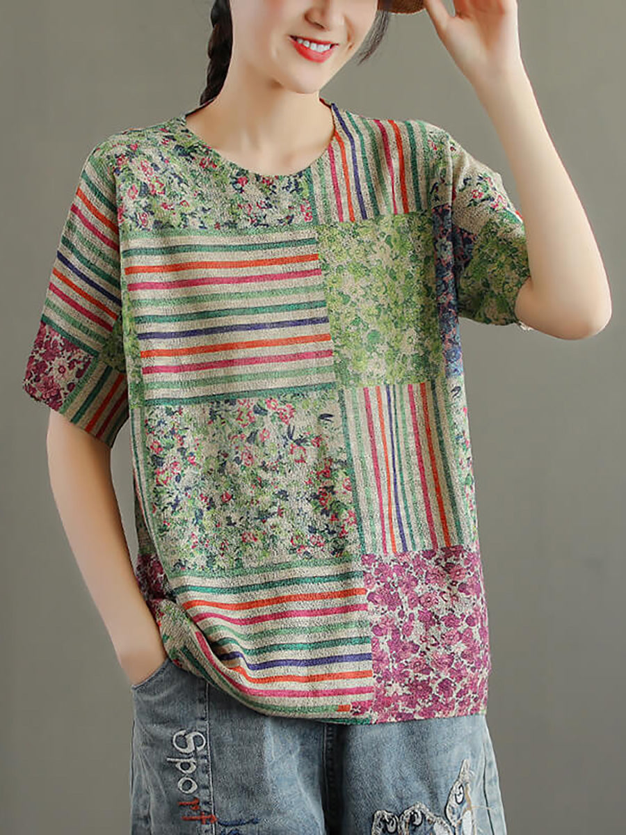 Übergröße - Baumwoll-T-Shirt mit Blumenmuster und Stricknähten für Damen