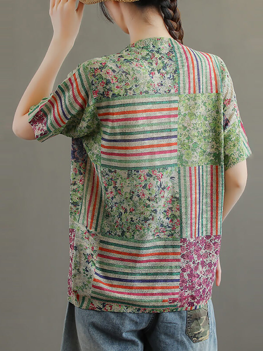 Übergröße - Baumwoll-T-Shirt mit Blumenmuster und Stricknähten für Damen