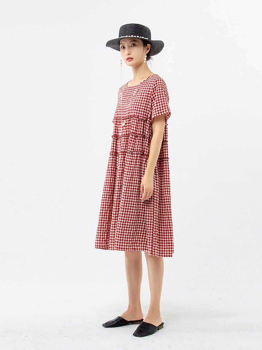 Übergröße, 100 % Baumwolle, kurzärmliges kariertes Kleid