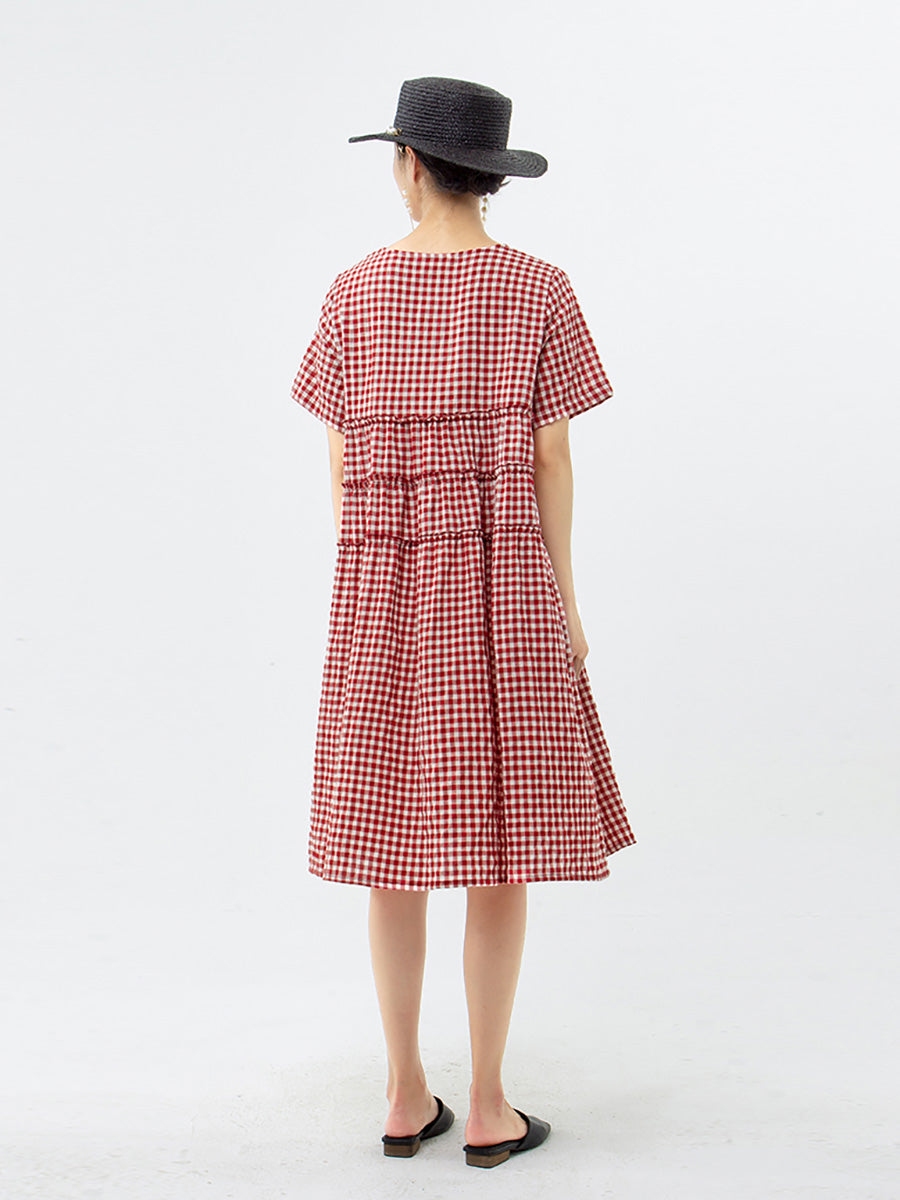 Übergröße, 100 % Baumwolle, kurzärmliges kariertes Kleid