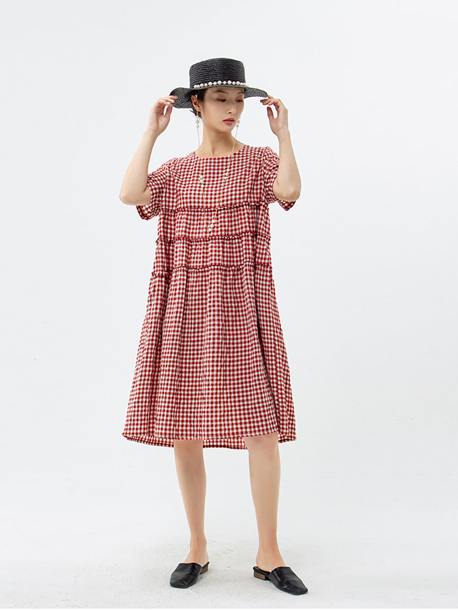 Übergröße, 100 % Baumwolle, kurzärmliges kariertes Kleid