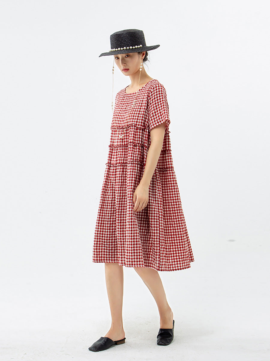 Übergröße, 100 % Baumwolle, kurzärmliges kariertes Kleid