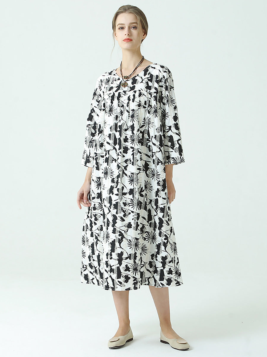 Plus Size Kleid mit Blumenmuster, Rundhalsausschnitt, langen Ärmeln und Plissee