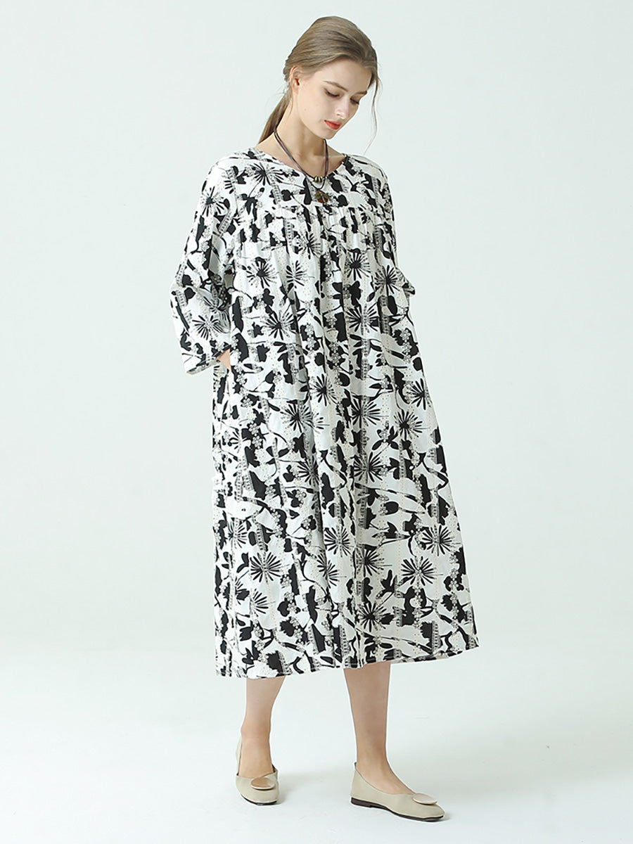 Plus Size Kleid mit Blumenmuster, Rundhalsausschnitt, langen Ärmeln und Plissee