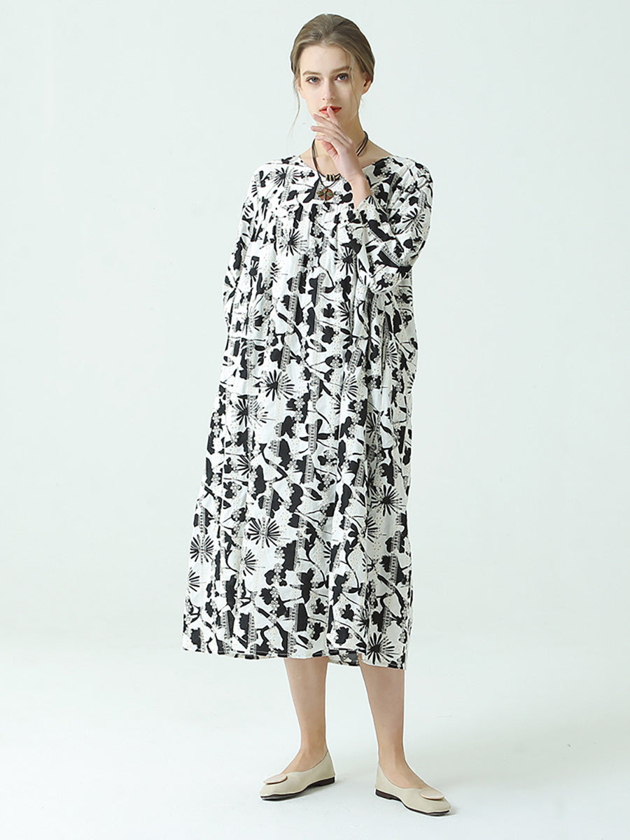 Plus Size Kleid mit Blumenmuster, Rundhalsausschnitt, langen Ärmeln und Plissee