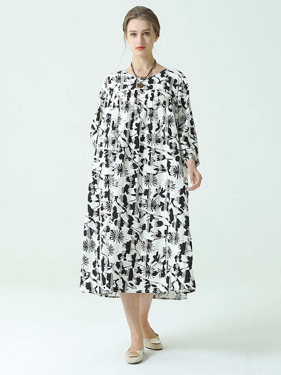 Plus Size Kleid mit Blumenmuster, Rundhalsausschnitt, langen Ärmeln und Plissee
