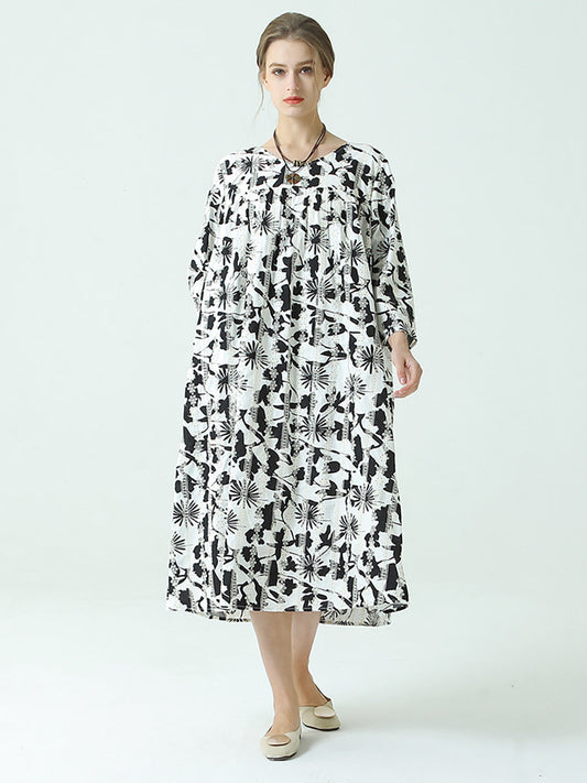 Plus Size Kleid mit Blumenmuster, Rundhalsausschnitt, langen Ärmeln und Plissee