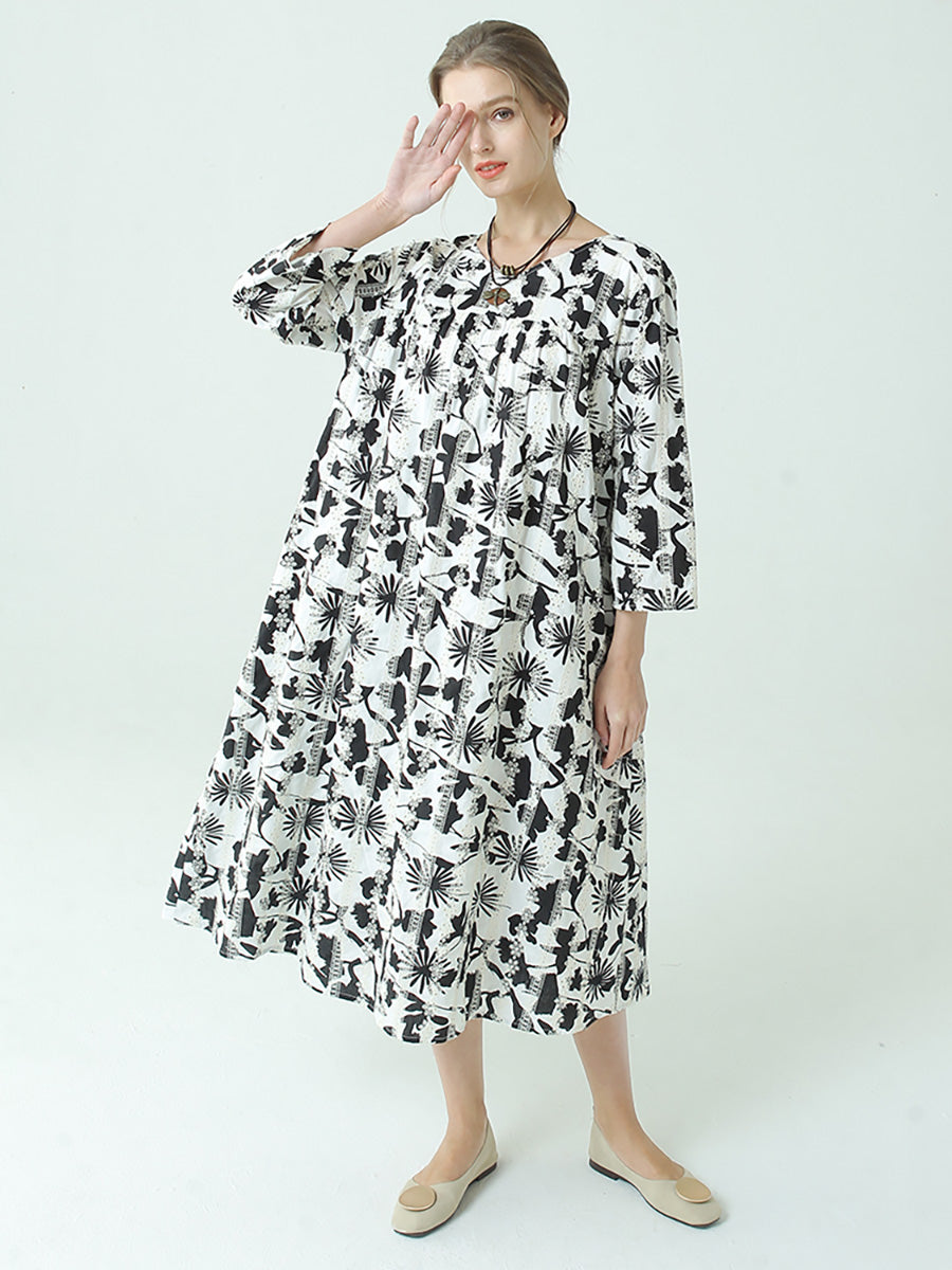 Plus Size Kleid mit Blumenmuster, Rundhalsausschnitt, langen Ärmeln und Plissee