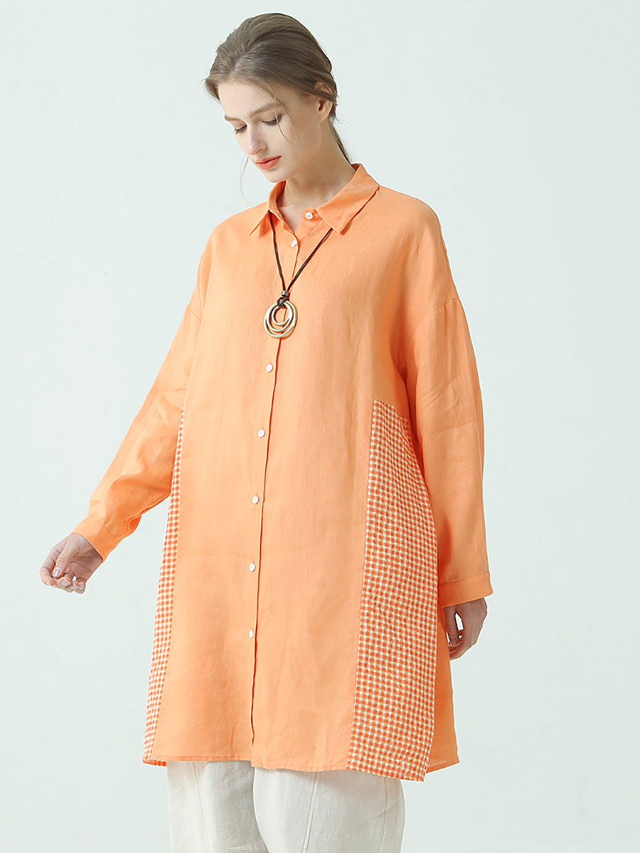 Übergröße Damen Leinen Patchwork Kariertes Langarmhemd