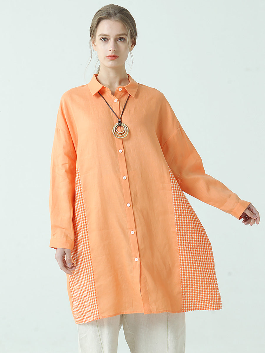 Übergröße Damen Leinen Patchwork Kariertes Langarmhemd