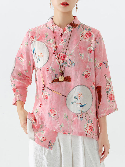 Grande taille - Chemise décontractée vintage à imprimé floral en lin