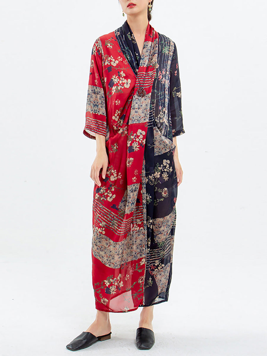 Plus Size Gespleißtes Vintage Tencel-Kleid für Damen mit Blumendruck 