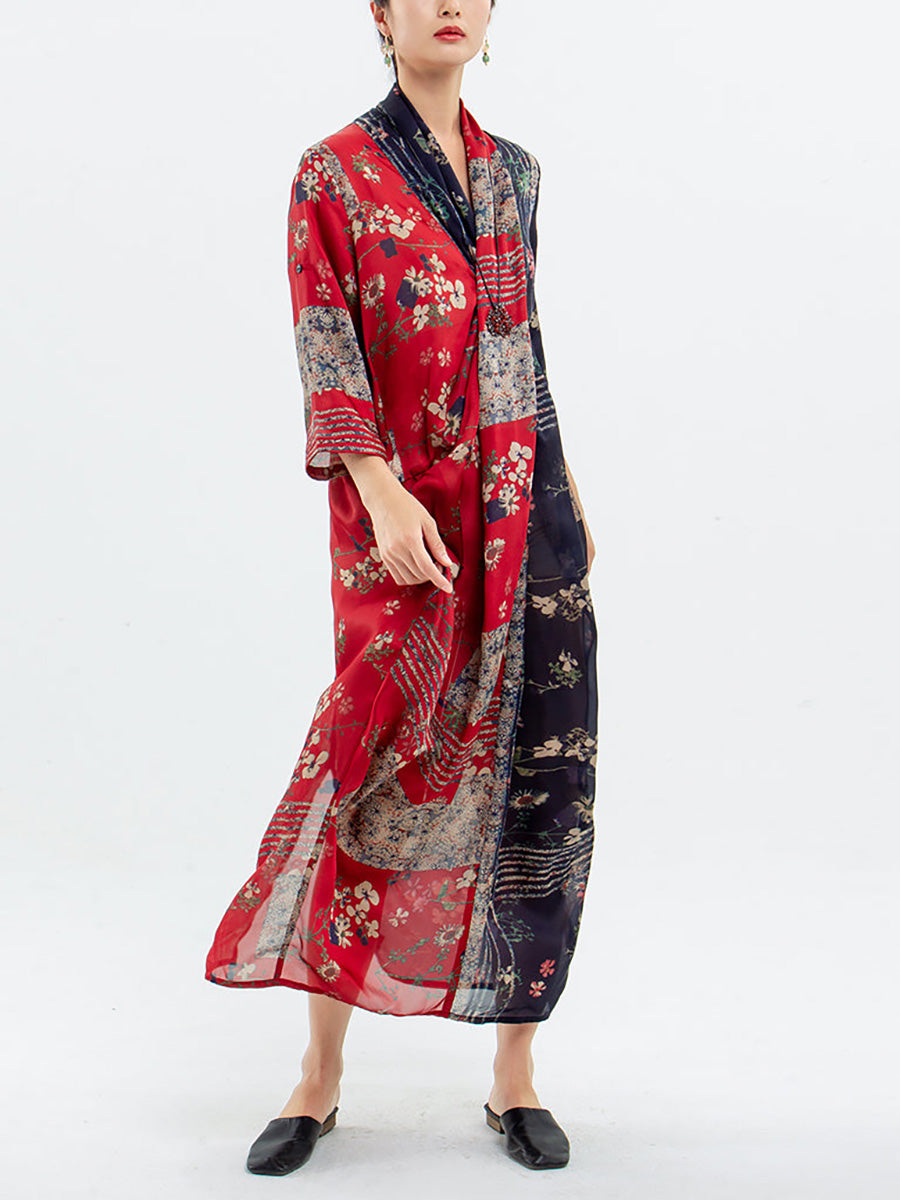 Plus Size Gespleißtes Vintage Tencel-Kleid für Damen mit Blumendruck 