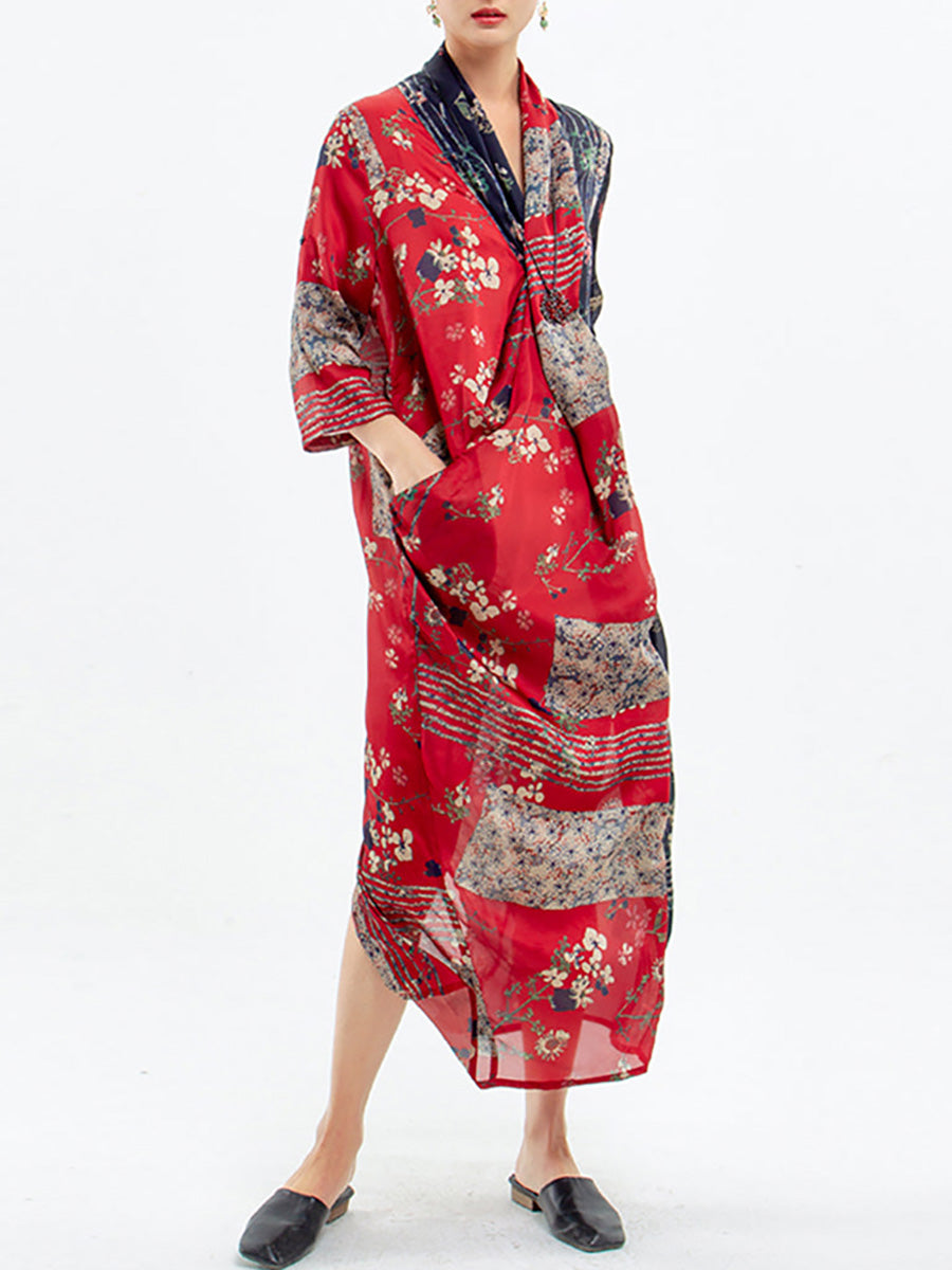 Plus Size Gespleißtes Vintage Tencel-Kleid für Damen mit Blumendruck 