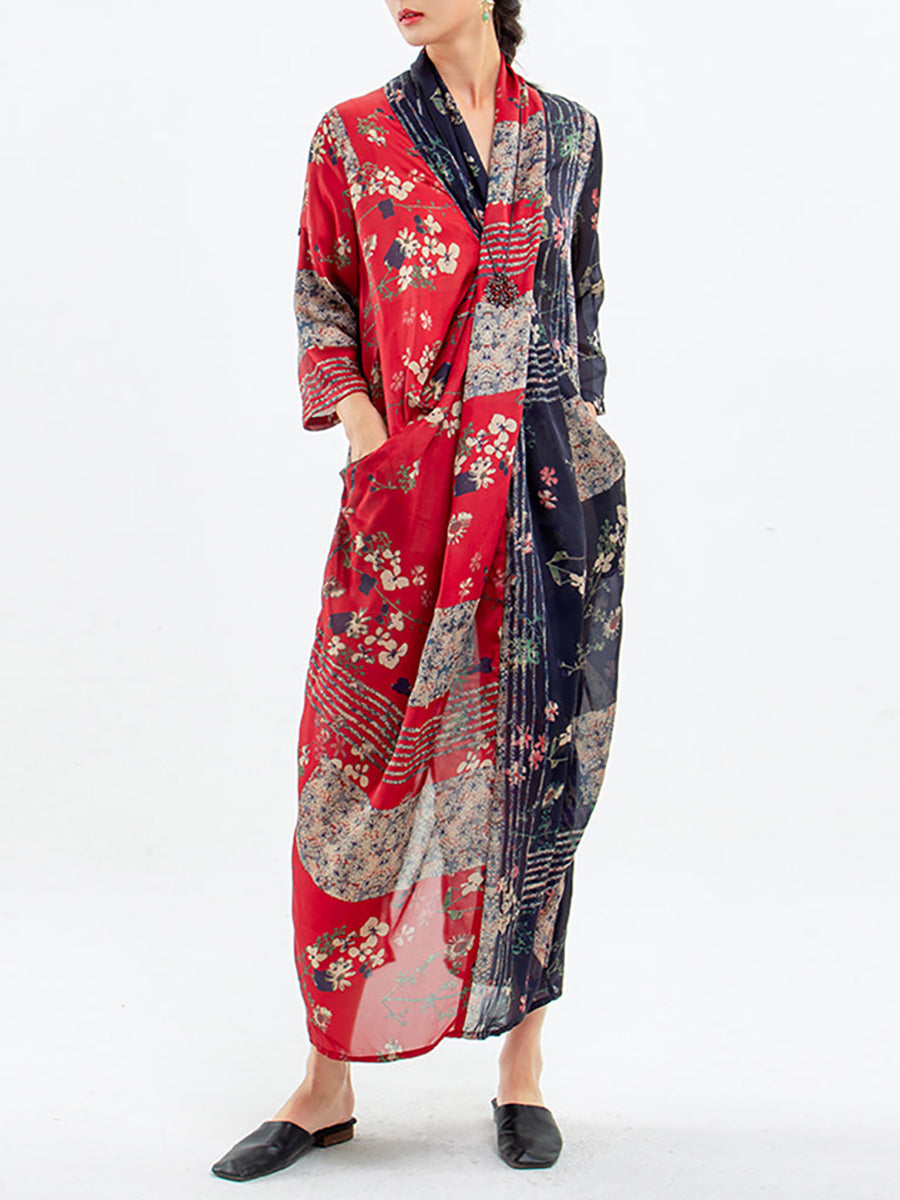 Plus Size Gespleißtes Vintage Tencel-Kleid für Damen mit Blumendruck 