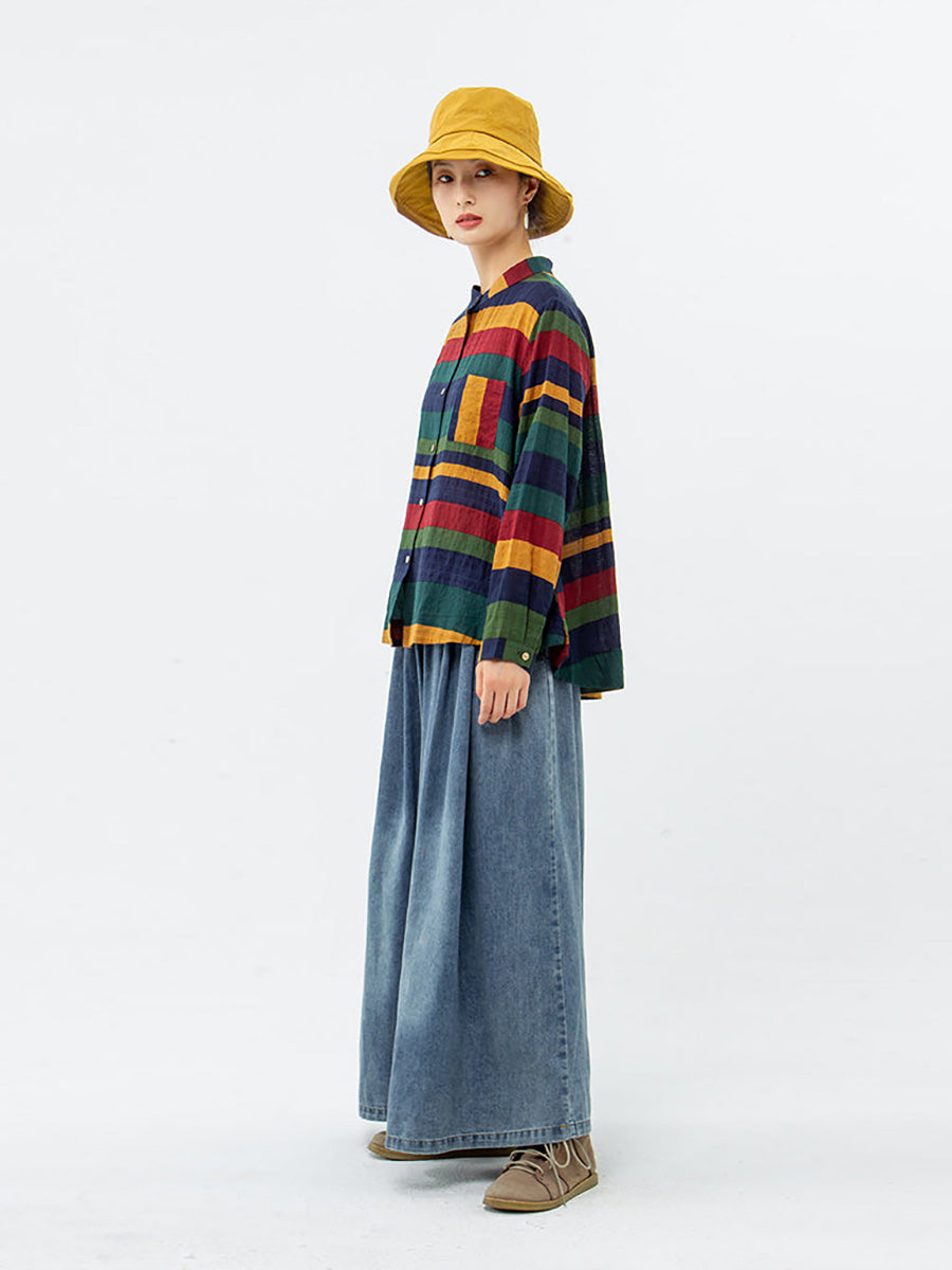 Gestreiftes Vintage-Langarmhemd aus 100 % Baumwolle in Übergröße