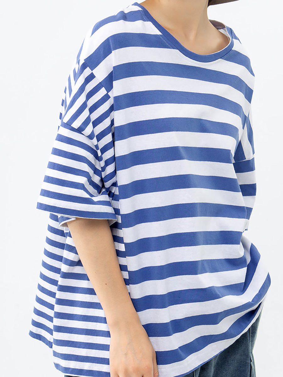 Übergröße - Buykud 100 % Baumwolle, gestreiftes Freizeit-T-Shirt