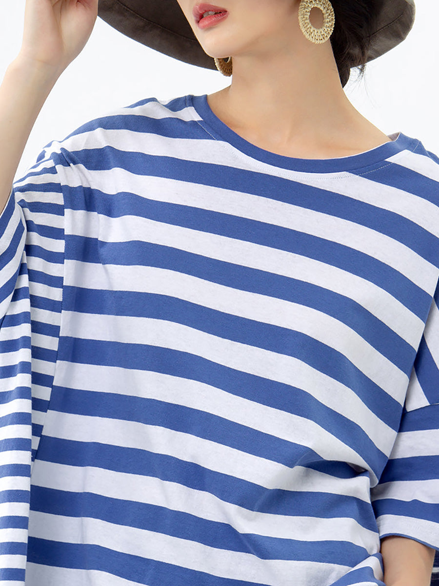 Übergröße - Buykud 100 % Baumwolle, gestreiftes Freizeit-T-Shirt