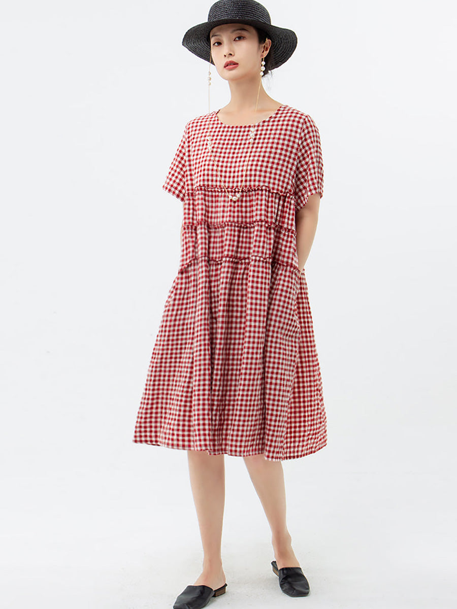 Übergröße, 100 % Baumwolle, kurzärmliges kariertes Kleid